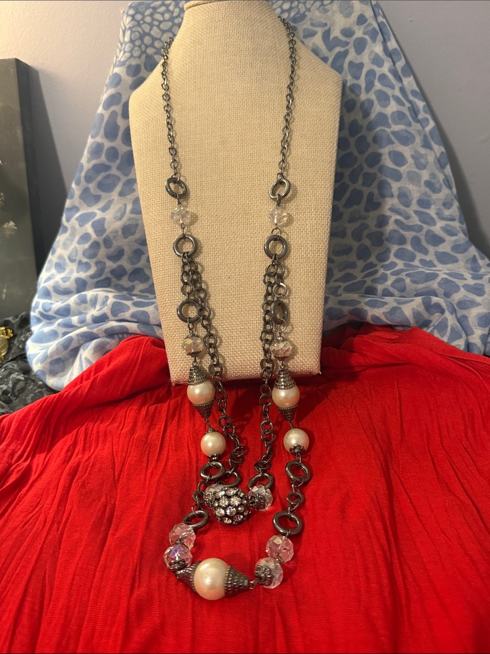 Statement Pearl and Crystal Necklace in White and Gunmetal
